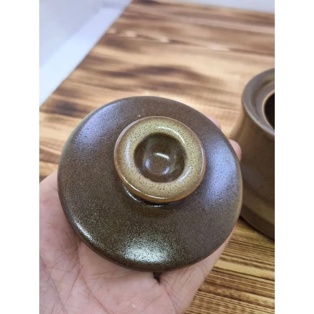 Vintage Three Tone Brown Stoneware‎ Covered Sugar and Creamer Set